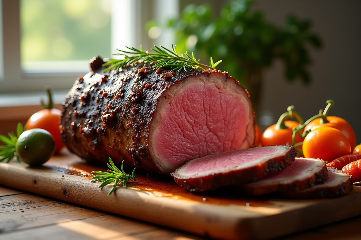 Gigot de boeuf de 900g reposant sur une planche en bois avec légumes et herbes