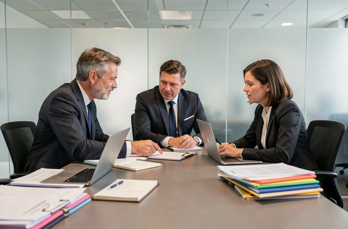 Trois avocats associés en réunion autour d'une table de conférence avec des dossiers juridiques dans le cabinet Gros Hicter et Associés