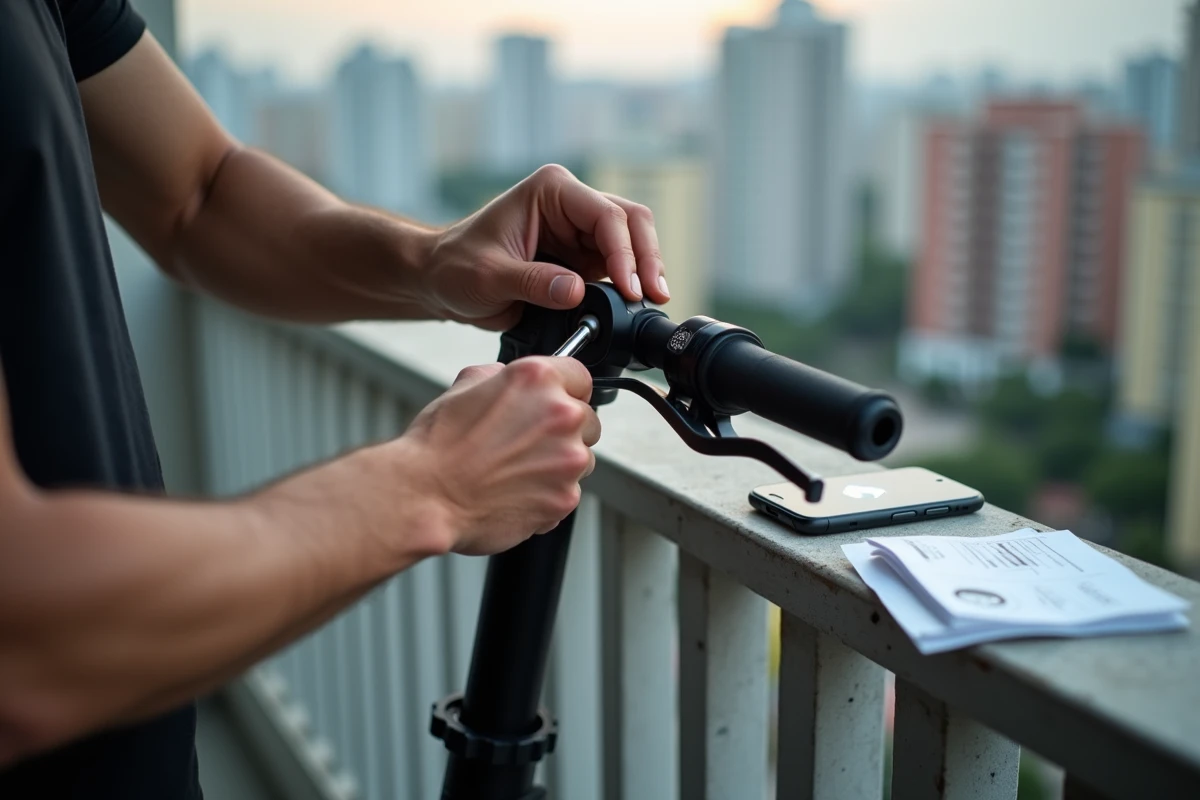 Gros plan sur des mains d'homme manipulant le connecteur de poignée d'une trottinette électrique sur un balcon avec smartphone et notice