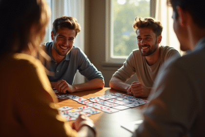 Groupe d'amis jouant à SkipBo autour d'une table en bois