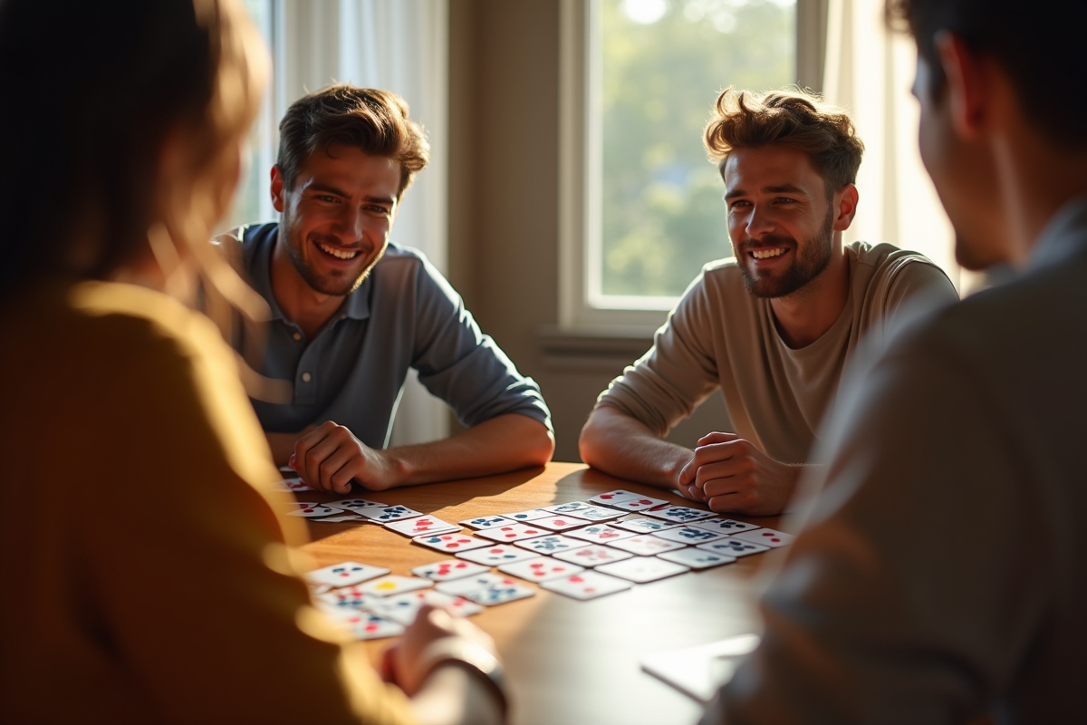 Groupe d'amis jouant à SkipBo autour d'une table en bois