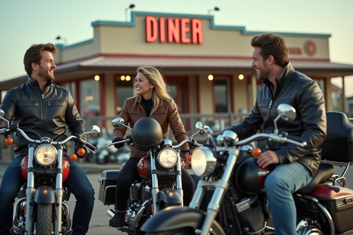 Trois amis discutant près de leurs motos au diner rétro