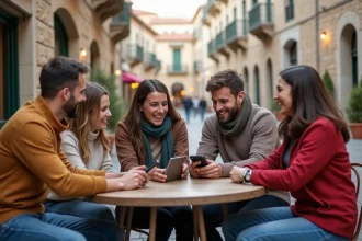 Groupe de Corsicains souriants autour d'une table en extérieur