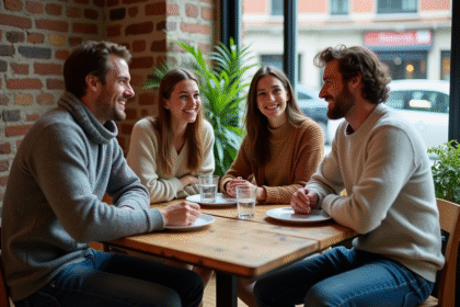 Quatre adultes souriants autour d une table en intérieur