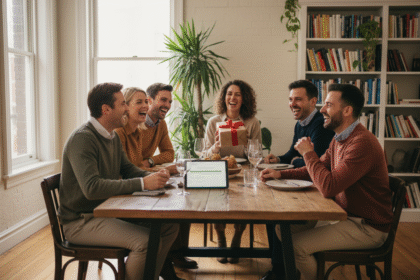 Groupe divers de personnes souriantes autour d'une table en bois