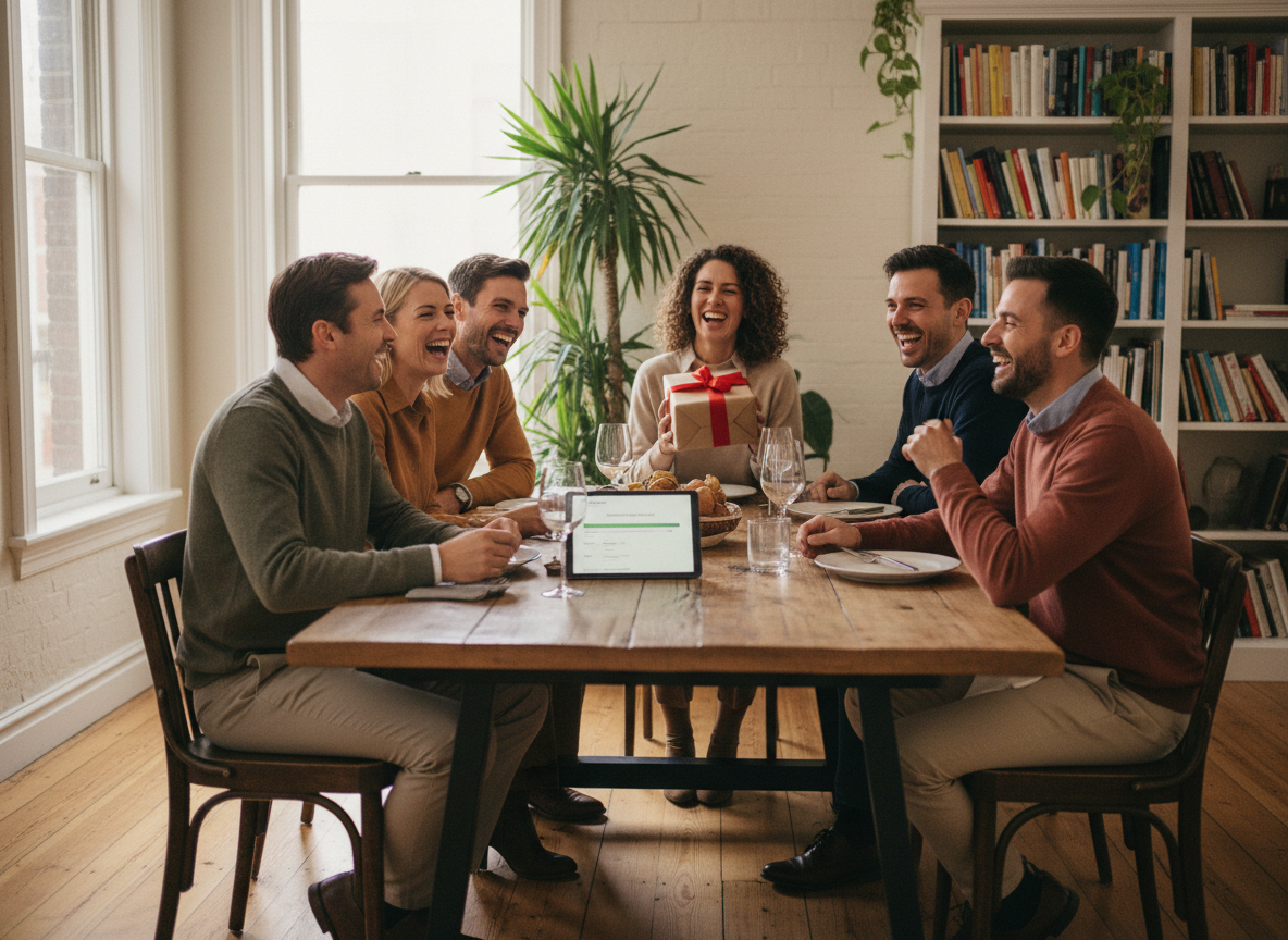 Groupe divers de personnes souriantes autour d'une table en bois