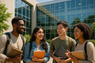 Groupe d'étudiants souriants devant une université moderne
