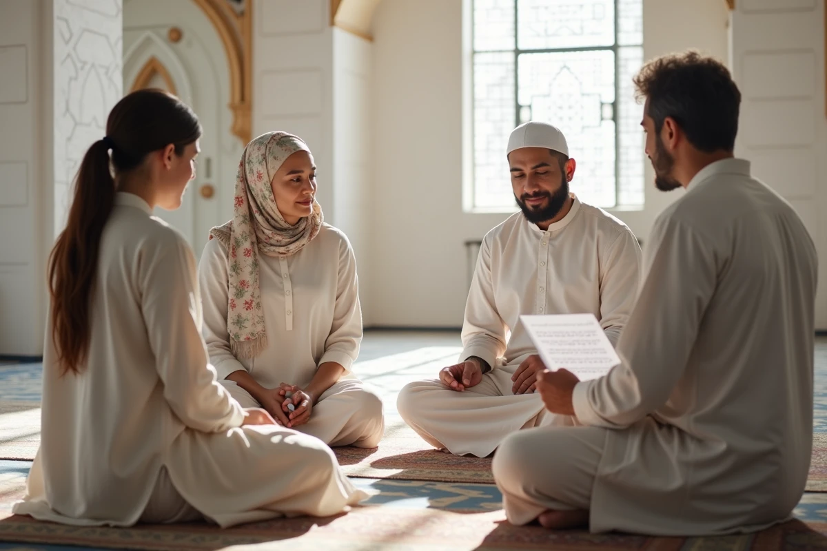 Groupe de nouveaux musulmans d'origines diverses apprenant la prière Allahouma barik dans une mosquée aux murs géométriques blancs