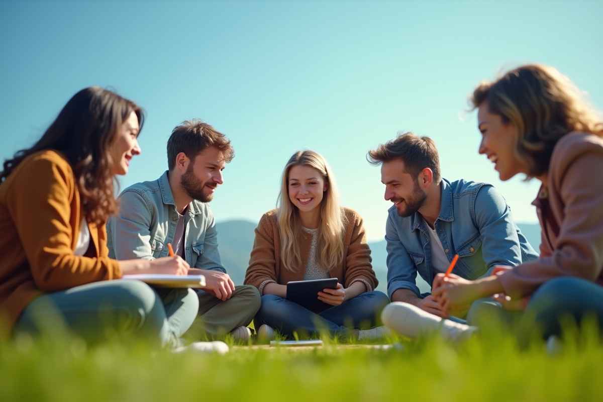 Jeunes adultes en plein brainstorming en extérieur