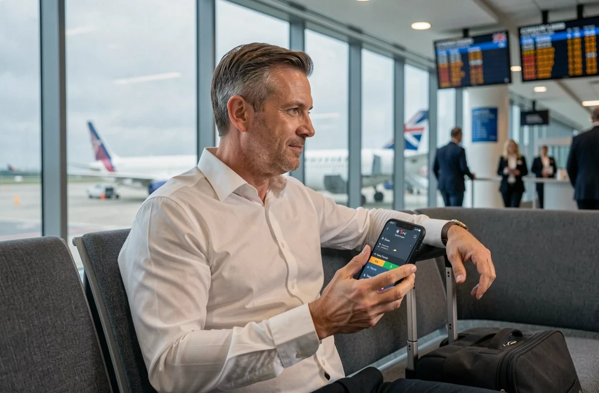 Homme consultant une application de fuseaux horaires sur smartphone dans un aéroport pour connaître l'heure en Australie