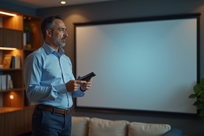 Homme d'affaires examinant un écran de projection dans un bureau moderne