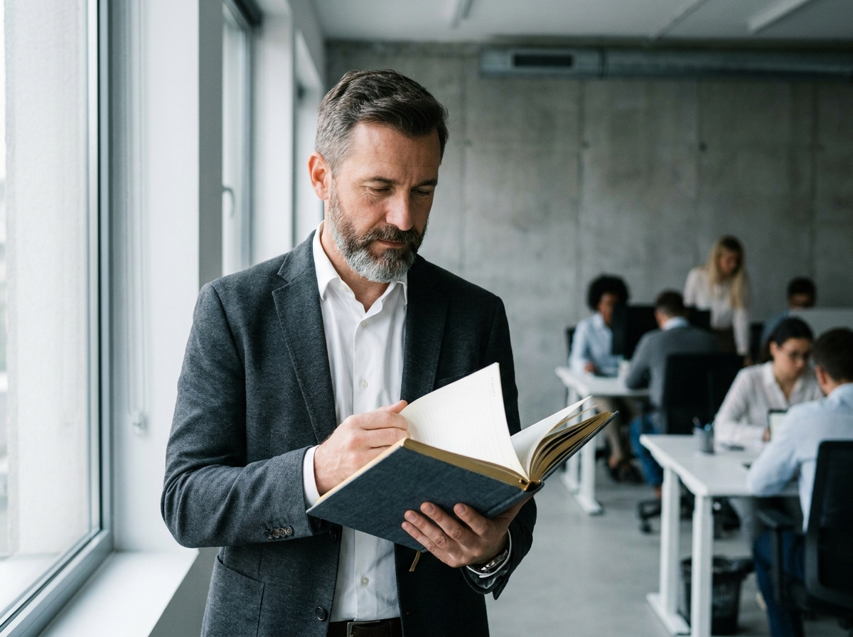 Homme en costume consultant un agenda relié dans un bureau professionnel moderne