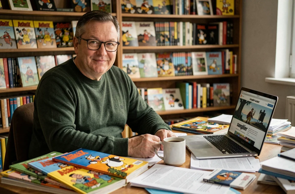 Homme aux lunettes analysant des références Astérix sur un bureau encombré d'albums et d'un ordinateur portable