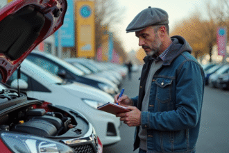 Homme d'âge moyen examinant le moteur d'une voiture d'occasion