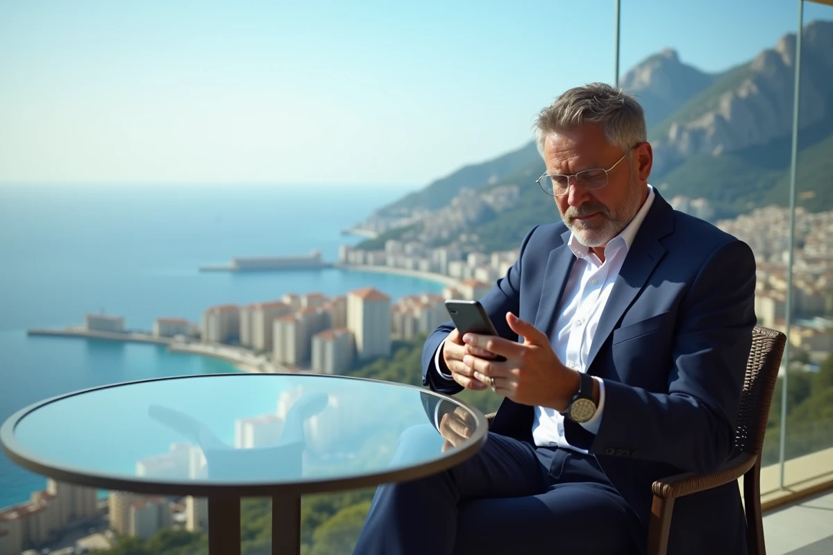 Homme d affaires au café avec vue sur Monaco