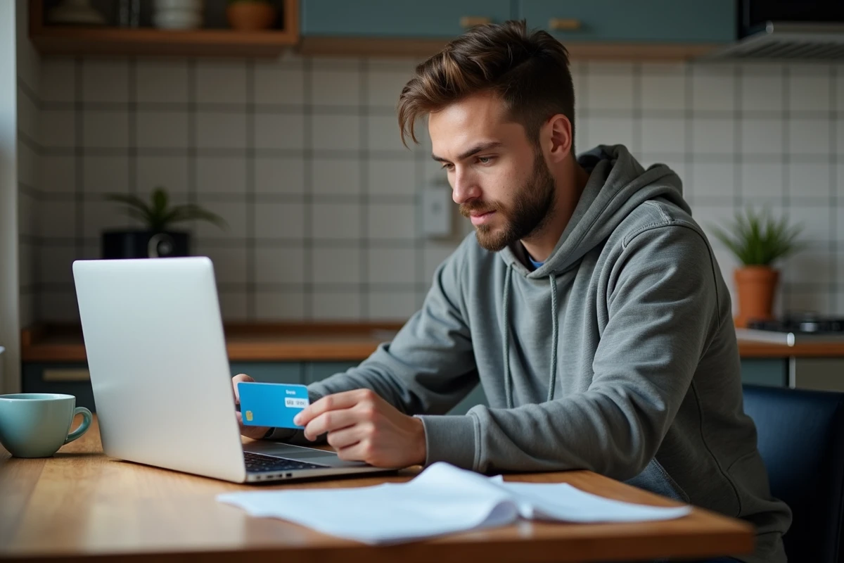 Homme comparant les tarifs d'abonnement de transport en consultant un calculateur de zones sur ordinateur portable