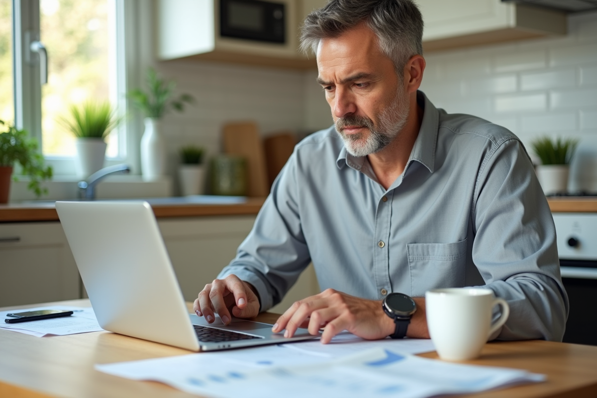 Homme calculant frais de notaire sur une table de cuisine