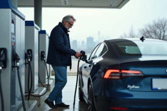 Homme regardant une voiture à hydrogène à la station