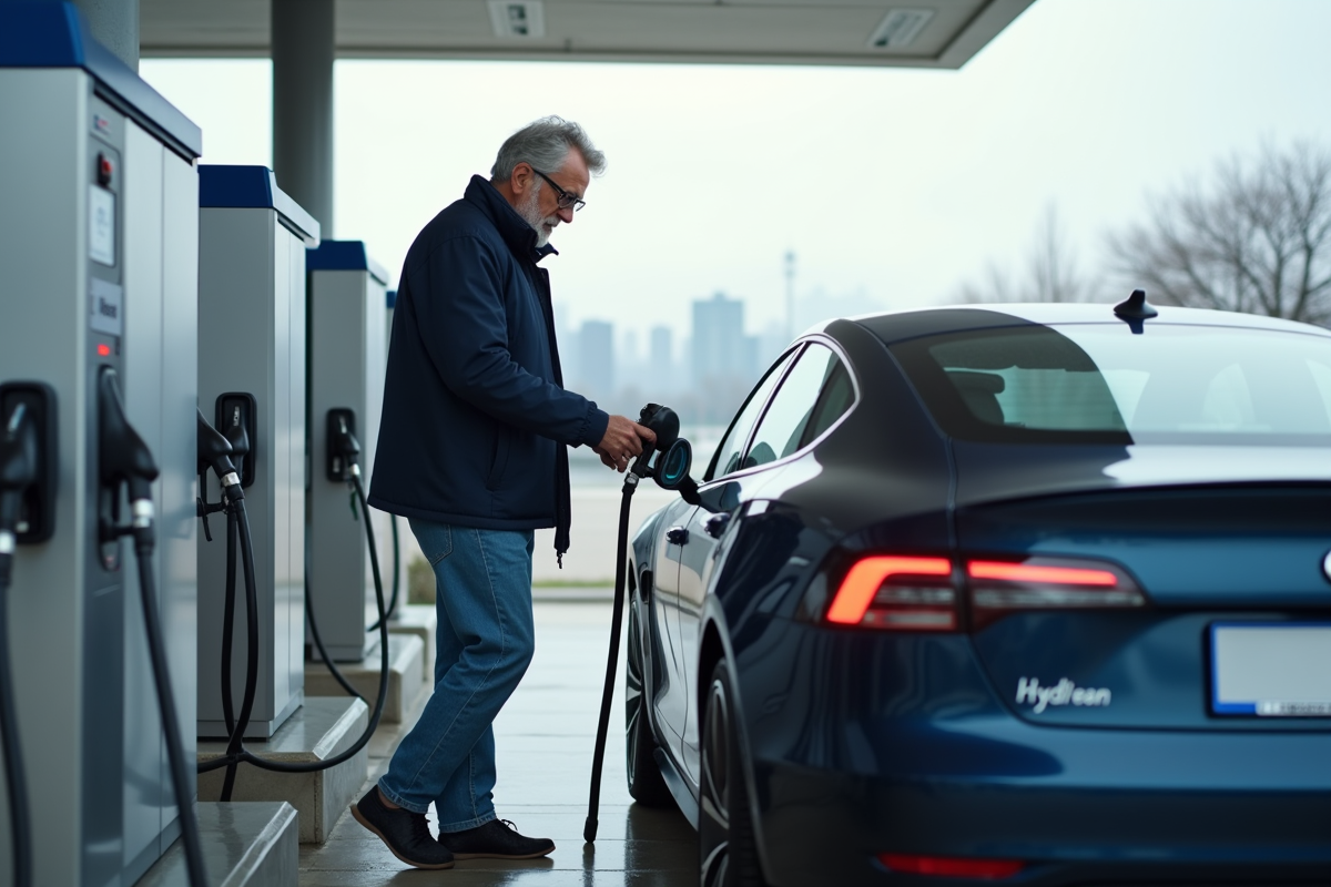 Homme regardant une voiture à hydrogène à la station