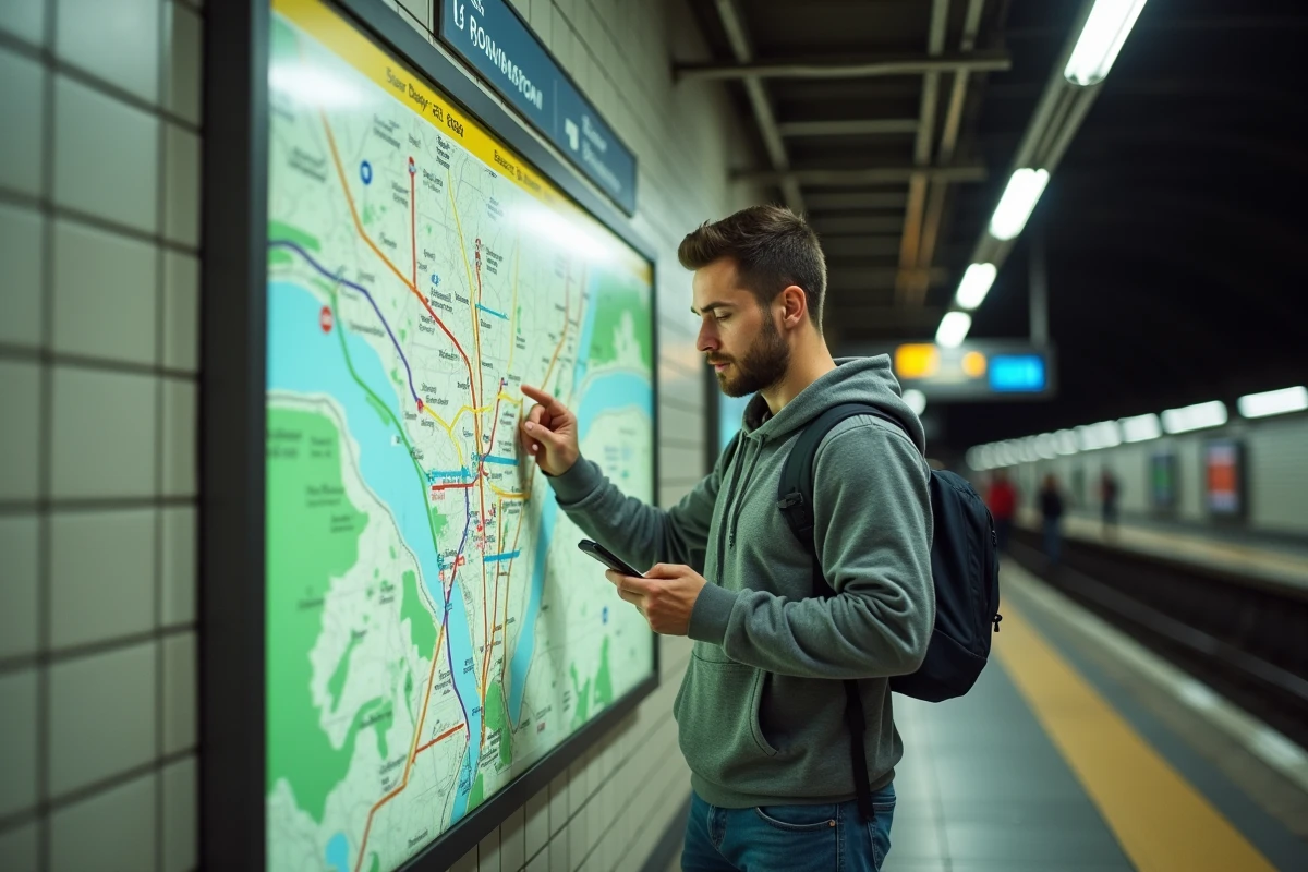 Homme cherchant son itinéraire sur une carte RER murale dans une gare parisienne