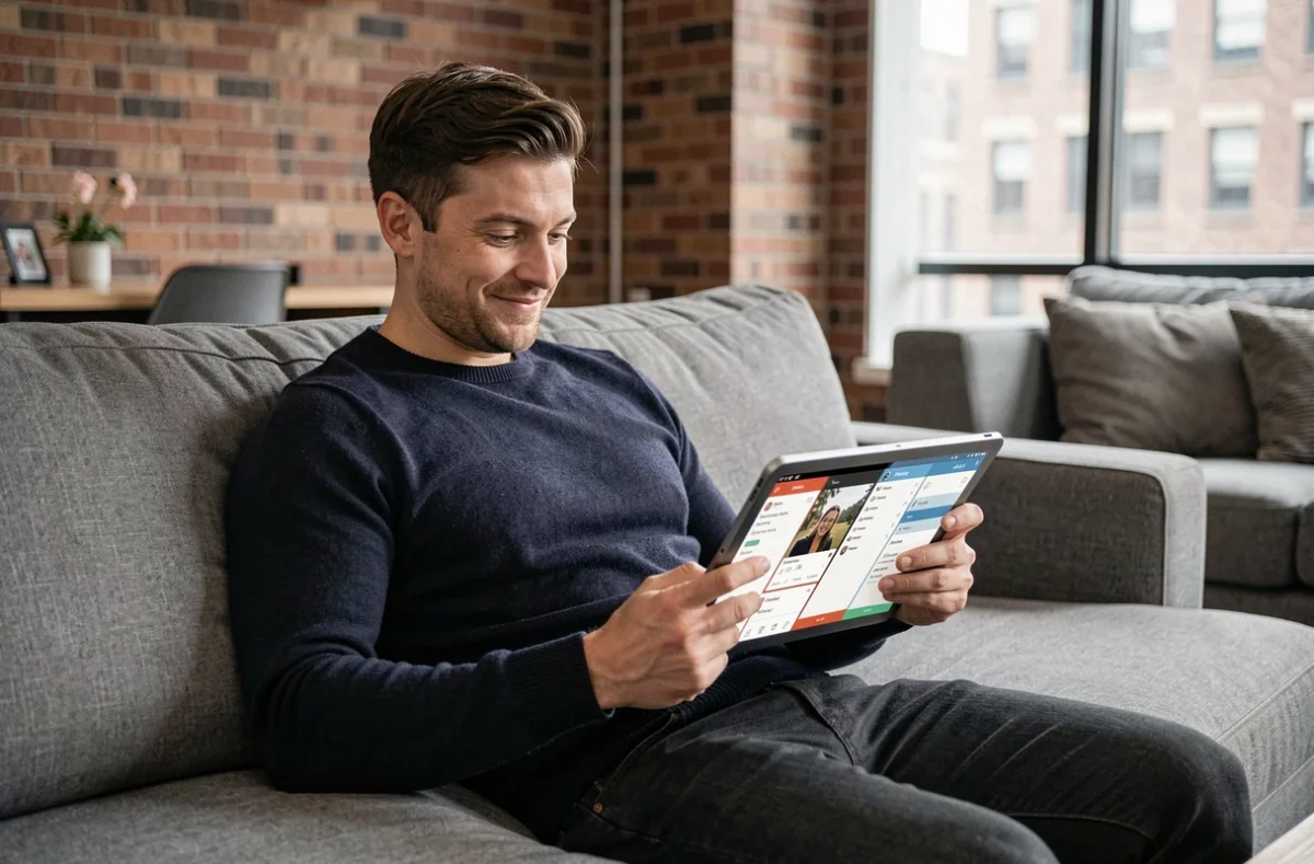 Homme comparant des plateformes de rencontres populaires dont Tarenoi sur une tablette dans un salon urbain moderne