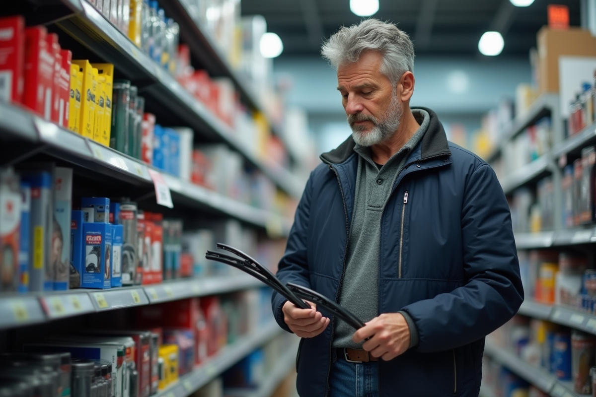 Homme compare deux lave-essuie-glaces en magasin auto