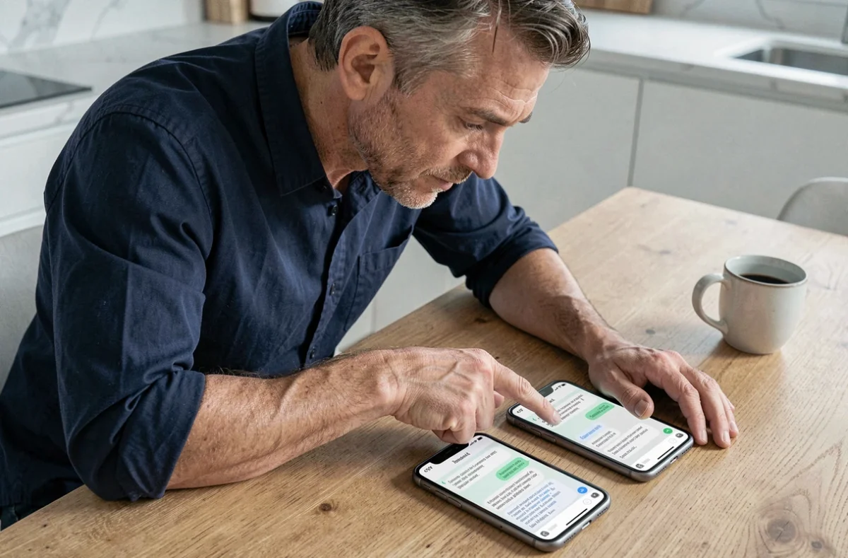 Homme comparant deux formulations écrites sur des smartphones pour distinguer 'tu serai' et 'tu seras' dans un message