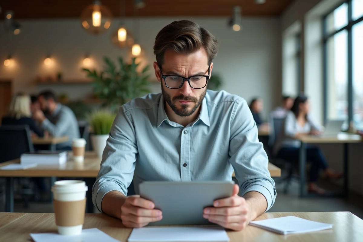 Homme en coworking concentré sur sa tablette dans un espace moderne
