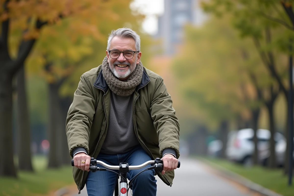 Homme à vélo dans un parc urbain en matinée ensoleillée