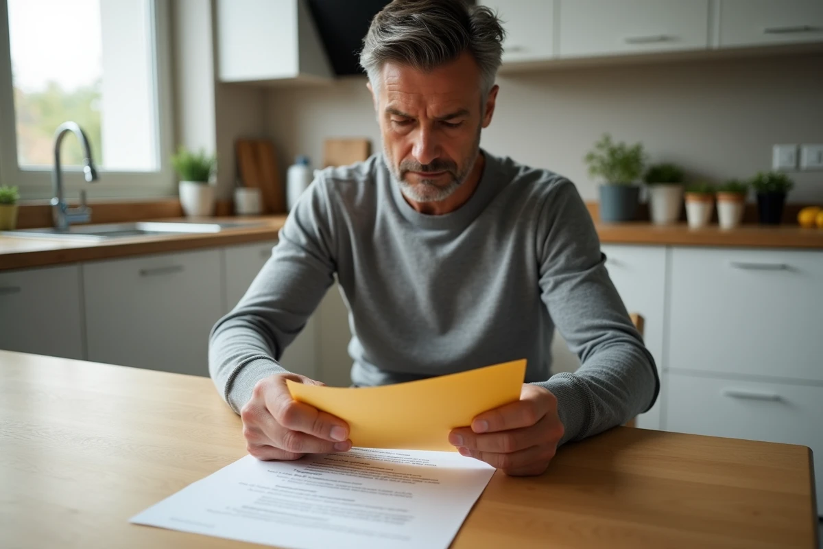 Homme examinant une enveloppe recommandée 2C et un courrier bancaire posés sur une table de cuisine