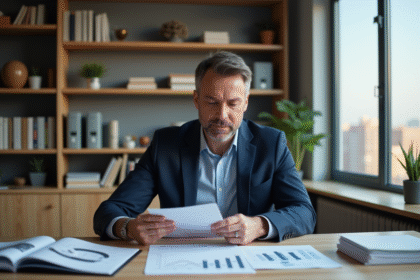 Homme d'âge moyen en costume bleu analysant des rapports financiers