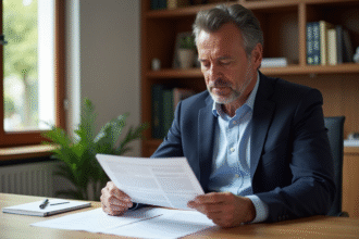 Homme d'âge moyen examinant des documents fiscaux immobiliers en Espagne