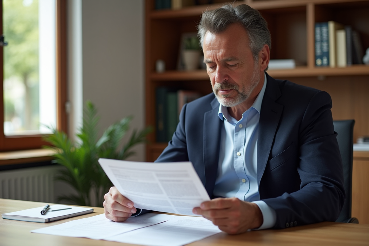 Homme d'âge moyen examinant des documents fiscaux immobiliers en Espagne