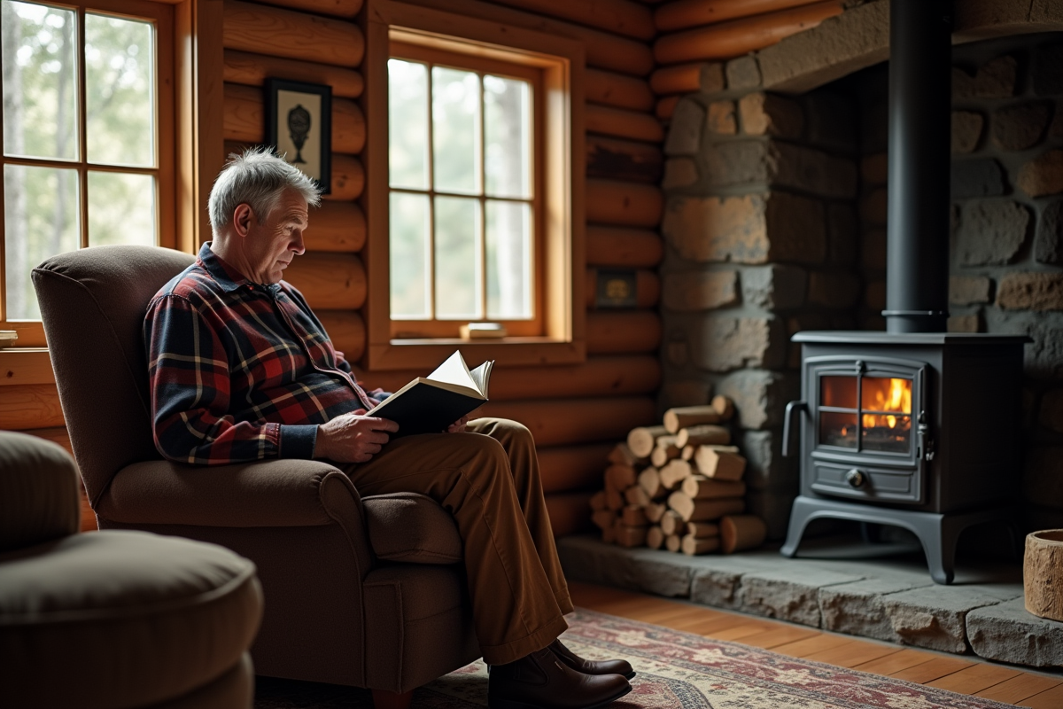 Homme lisant dans une cabane en bois avec poêle en fonte
