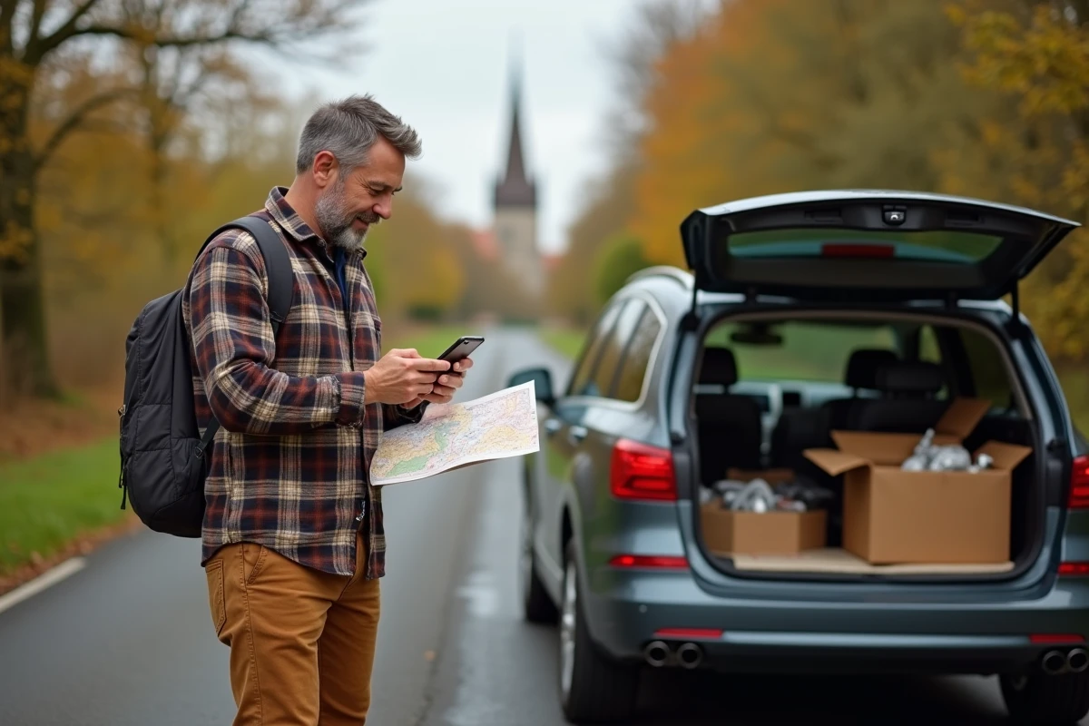 Homme planifiant sa tournée de brocante sur une route de campagne en Meurthe-et-Moselle avec carte et smartphone