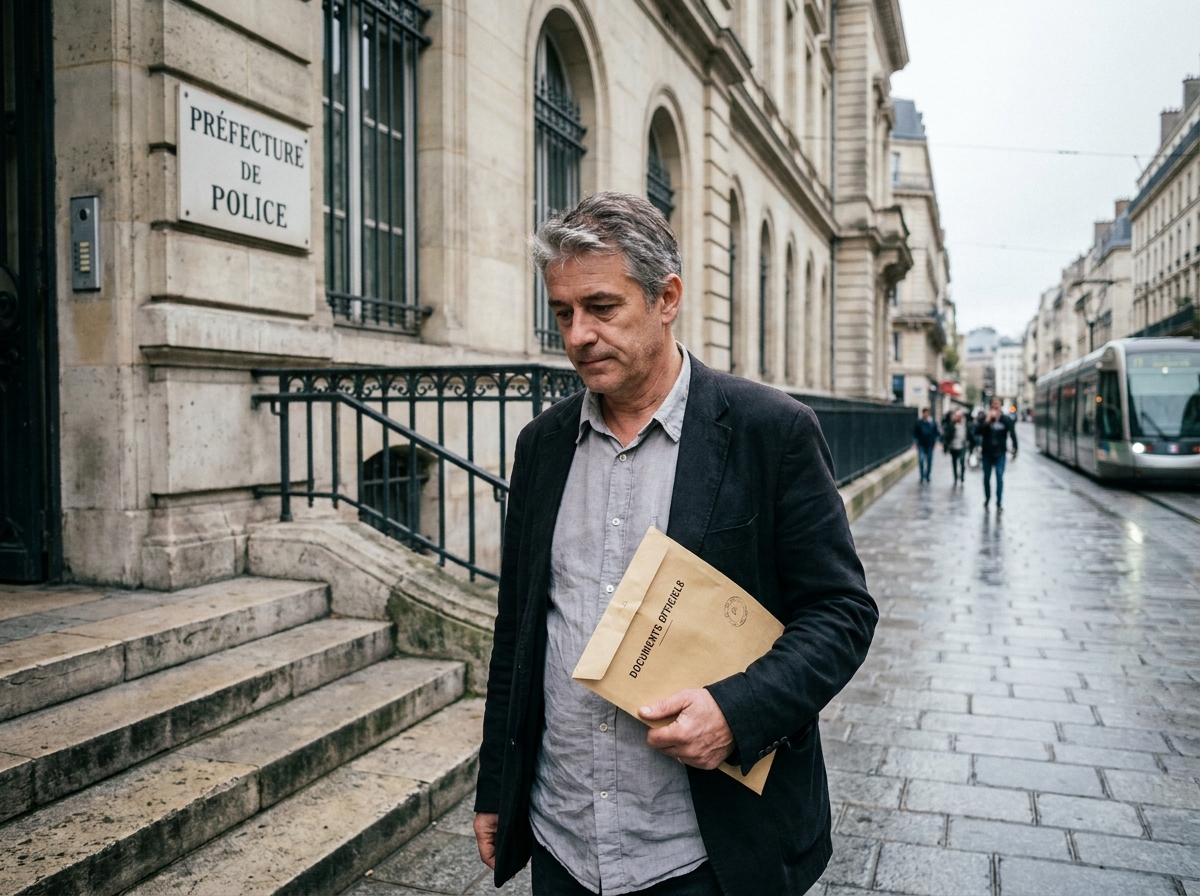 Un homme devant une préfecture française tenant des documents pour un recours contre le retrait de points de permis