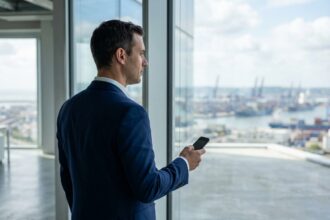 Jeune homme d'affaires regardant le port de Le Havre