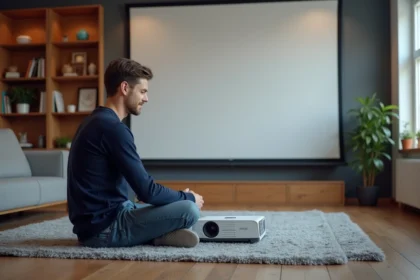Homme assis sur un tapis en train de régler un projecteur dans un salon moderne