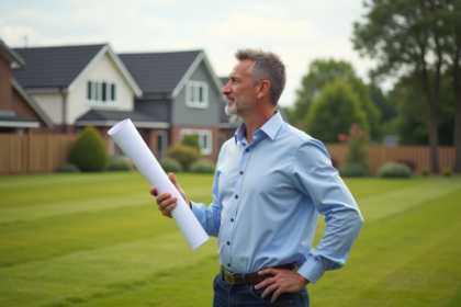 Homme d'âge moyen avec plan sur terrain en banlieue