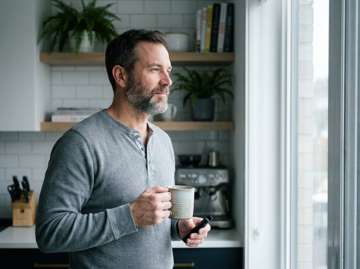Homme quadragénaire dans sa cuisine moderne tenant une puff et un café, symbole d'une réduction progressive de la cigarette au quotidien