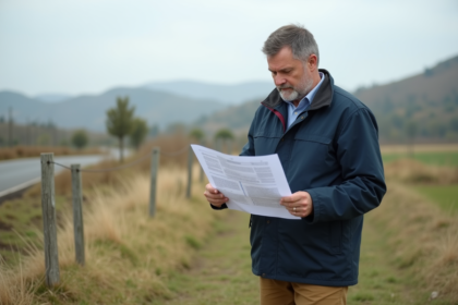 Homme d'âge moyen examine des documents en plein air dans un champ