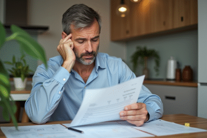 Homme d'âge moyen examine un relevé SCPI dans une cuisine lumineuse