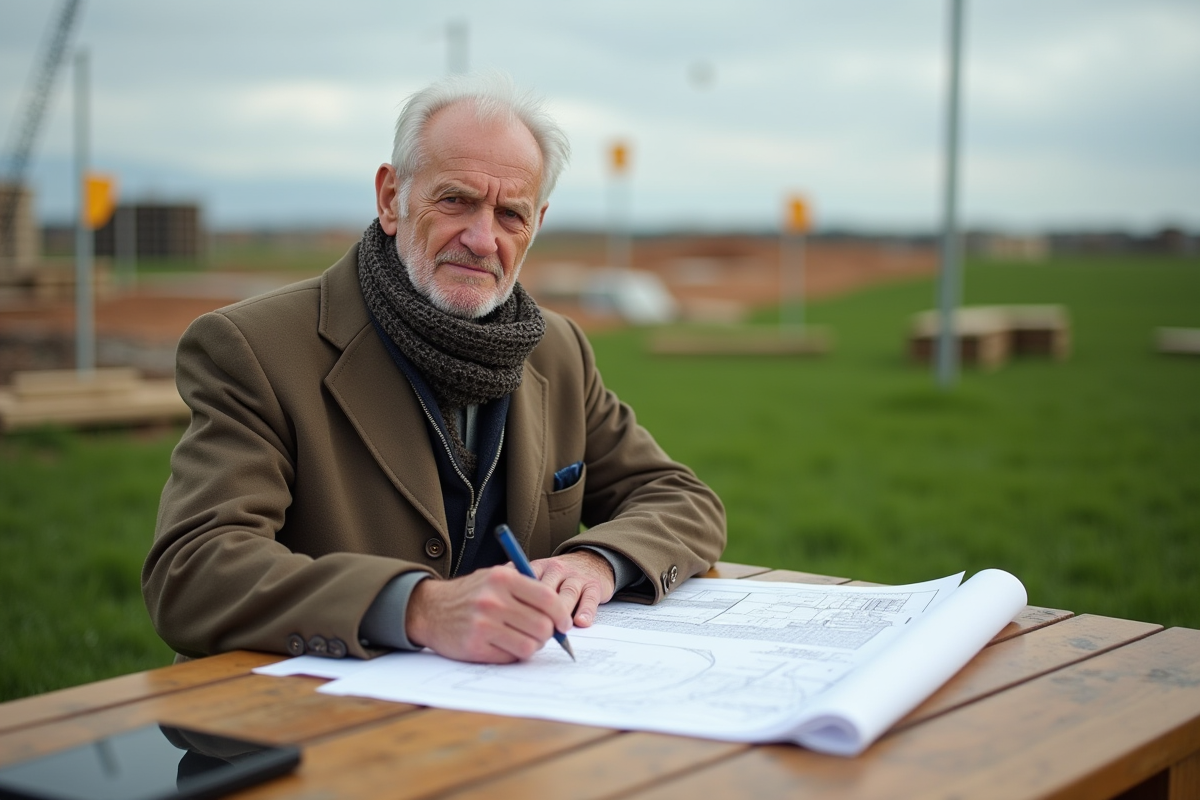 Homme âgé signant des plans d