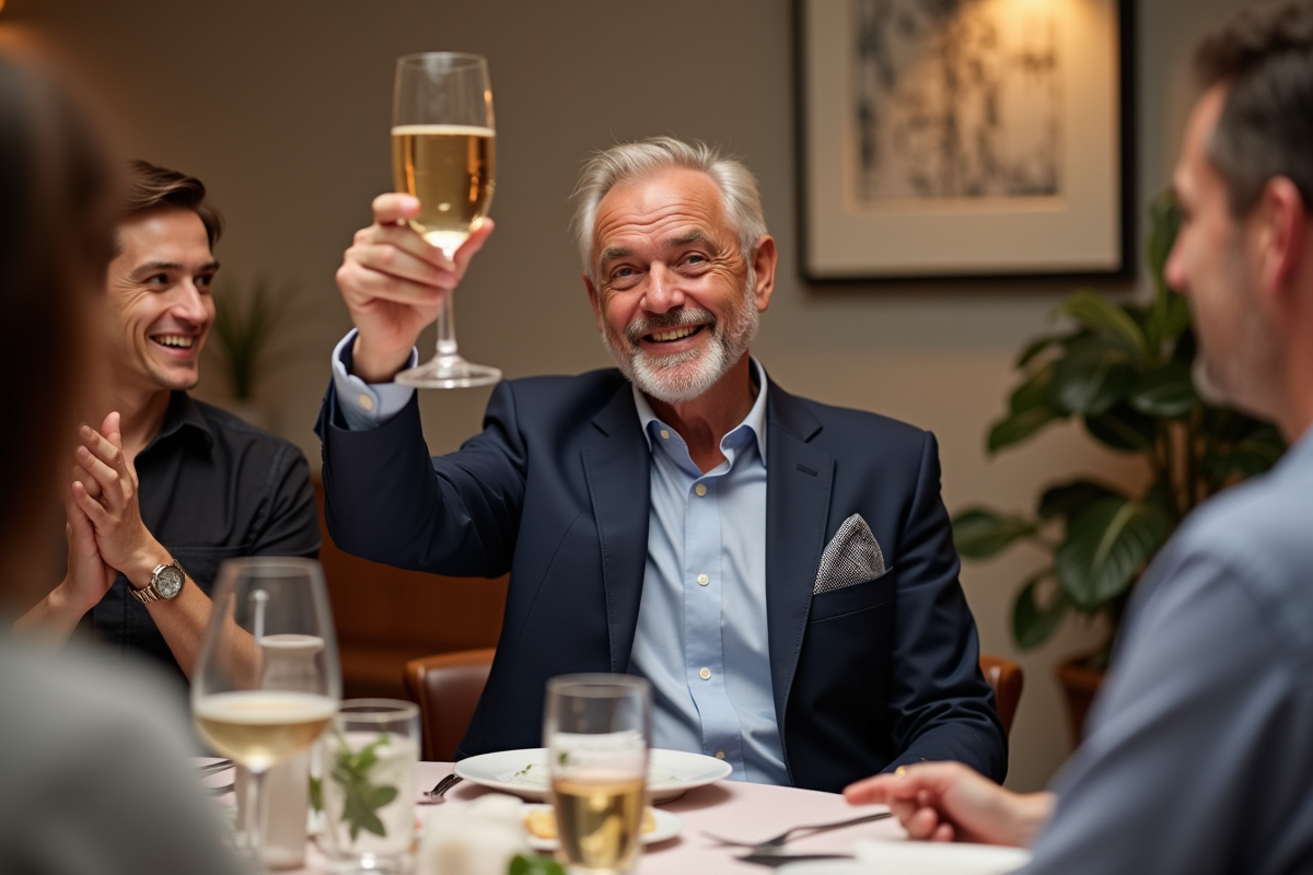 Homme de 60 ans levant son verre lors d