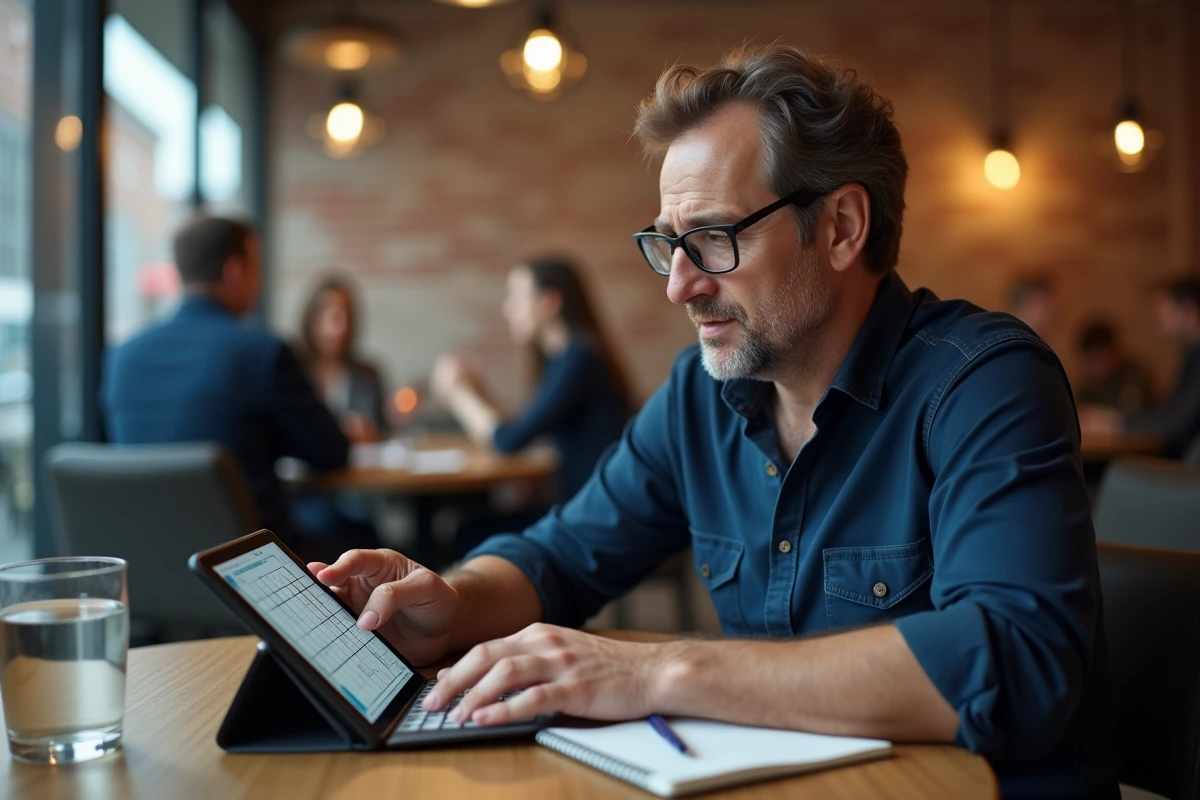Homme avec lunettes résolvant un sudoku numérique niveau 100 sur tablette dans un café urbain
