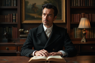 Homme contemplatif avec livre de poésie dans un décor vintage