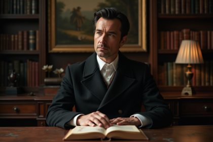 Homme contemplatif avec livre de poésie dans un décor vintage