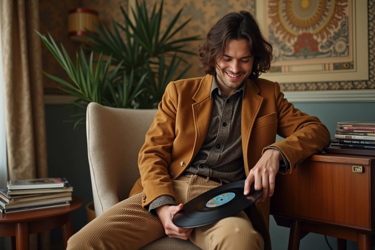 Homme dans un salon rétro avec vinyle et stereo