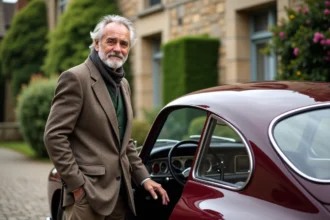 Homme élégant avec voiture ancienne dans la campagne
