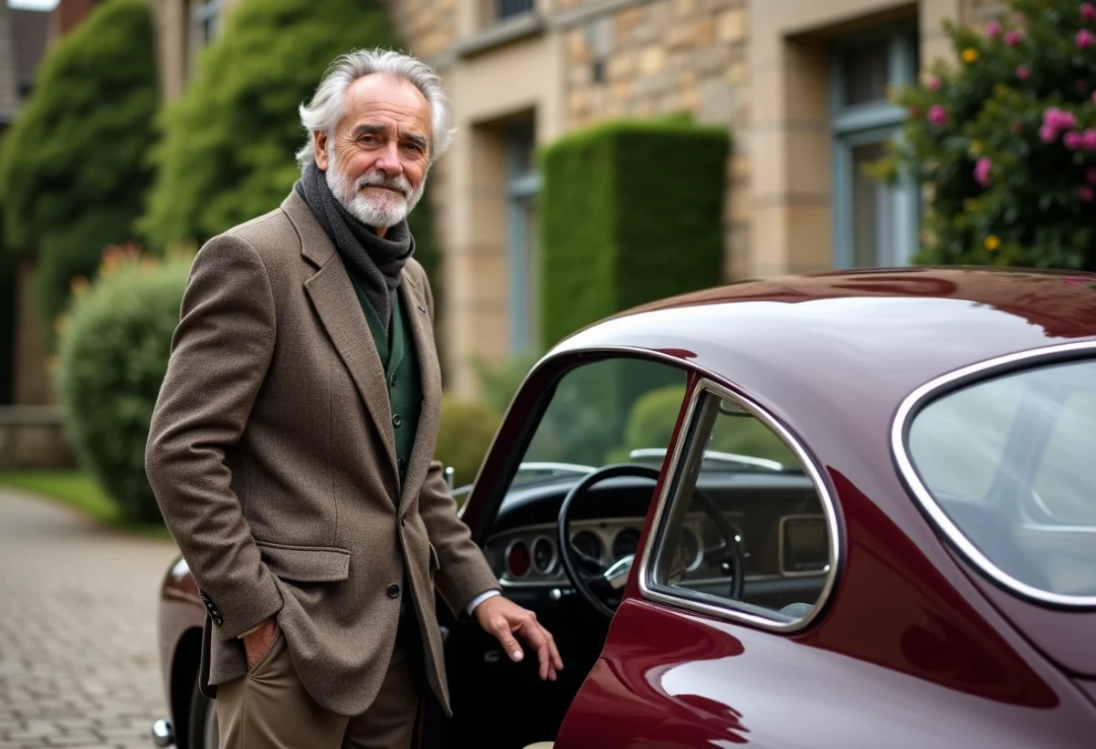Homme élégant avec voiture ancienne dans la campagne